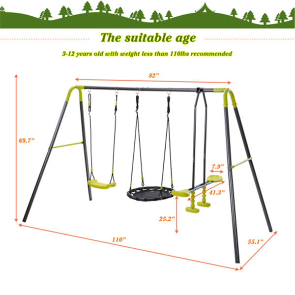 COLORFULLAVIE 3 In 1 Metal Swing Set For Backyard, Heavy Duty AFrame